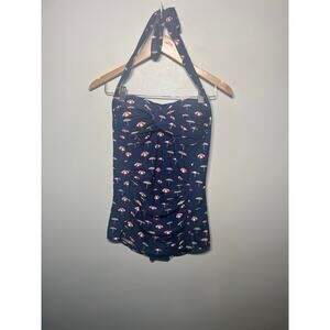 EBuddy Swimsuit One Piece Navy Red Nautical Pin Up Umbrella Ruched Halter M